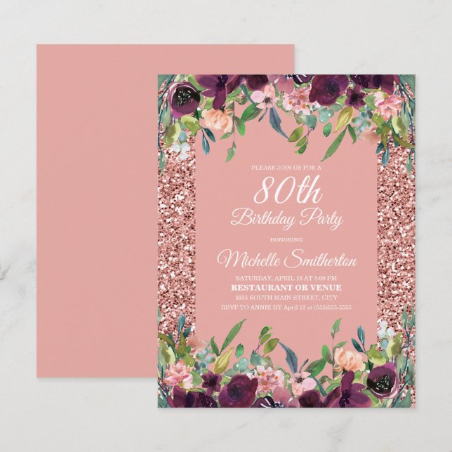 Pink Glitter Purple Floral 80th Birthday Card (Front/Back)