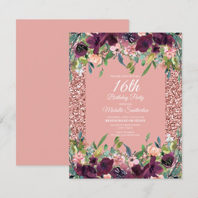 Pink Glitter Purple Floral Girl's 16th Birthday Card (Front/Back)