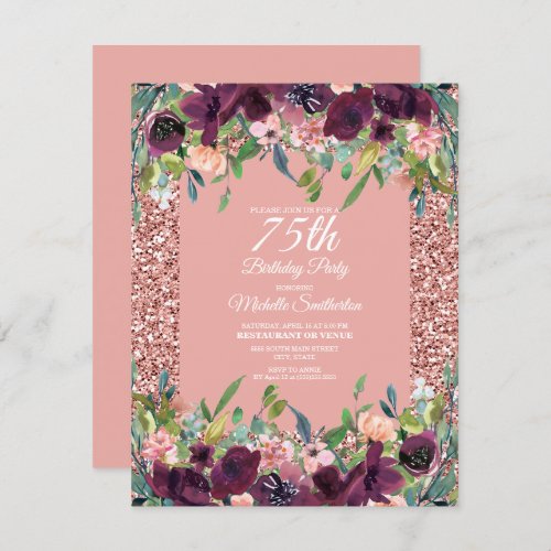 Pink Glitter Purple Floral Womens 75th Birthday Card