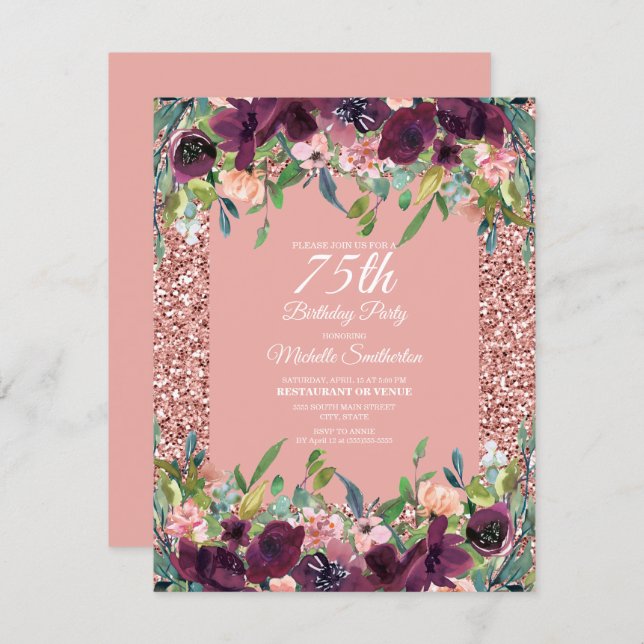 Pink Glitter Purple Floral Women's 75th Birthday Card (Front/Back)