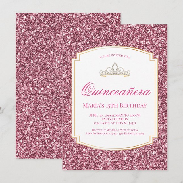 Pink Glitter Quinceañera Invitations (Front/Back)