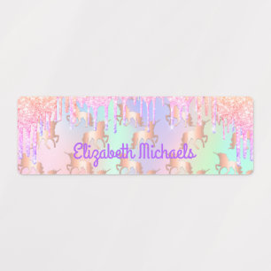 Pink glitter rainbow color name school belongings labels
