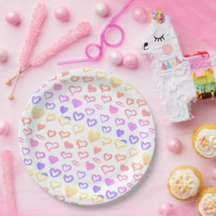 Pink Glitter Rainbow Hearts Paper Plates