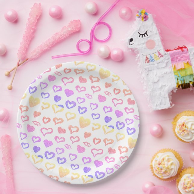 Pink Glitter Rainbow Hearts Paper Plates (Party)