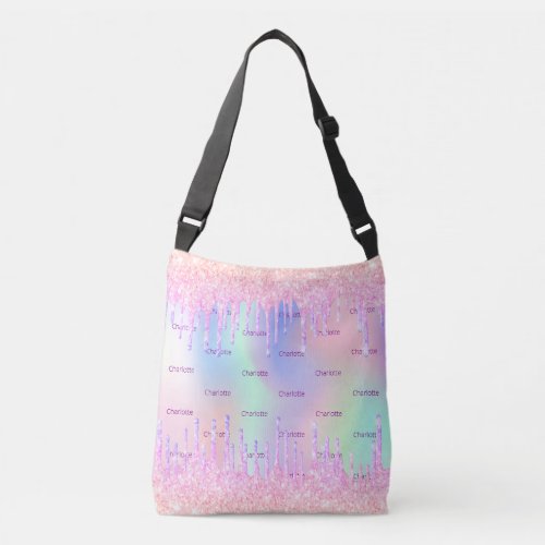 Pink glitter rainbow holographic custom monogram crossbody bag