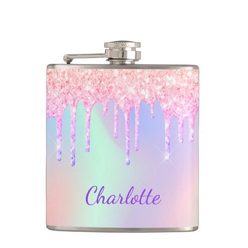 Pink glitter rainbow holographic custom monogram flask