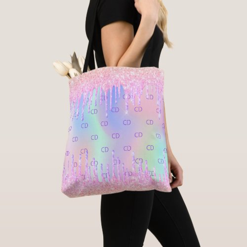 Pink glitter rainbow holographic custom monogram  tote bag