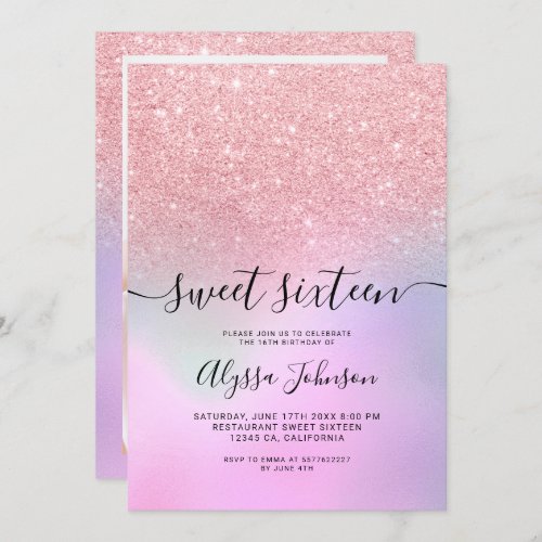 Pink glitter rainbow holographic photo sweet 16 invitation