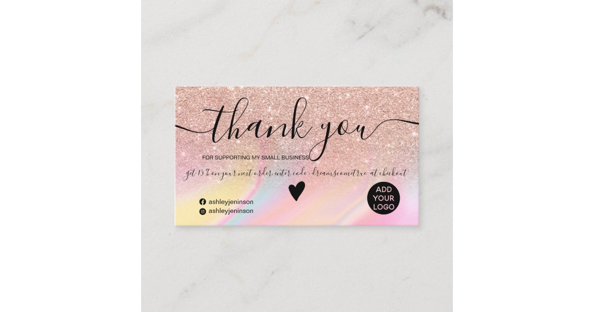 pink glitter rainbow marble order thank you business card | Zazzle