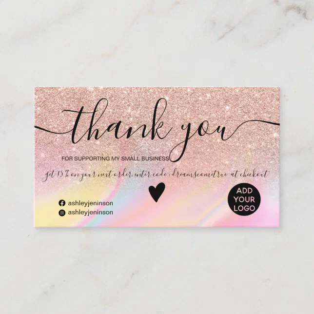 pink glitter rainbow marble order thank you business card | Zazzle