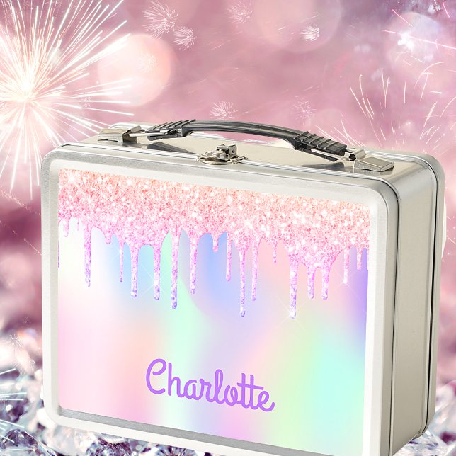 Pink glitter rainbow sparkle iridescent monogram metal lunch box (Creator Uploaded)