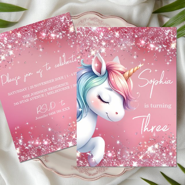 Pink Glitter Rainbow Unicorn Birthday Invitation (Creator Uploaded)