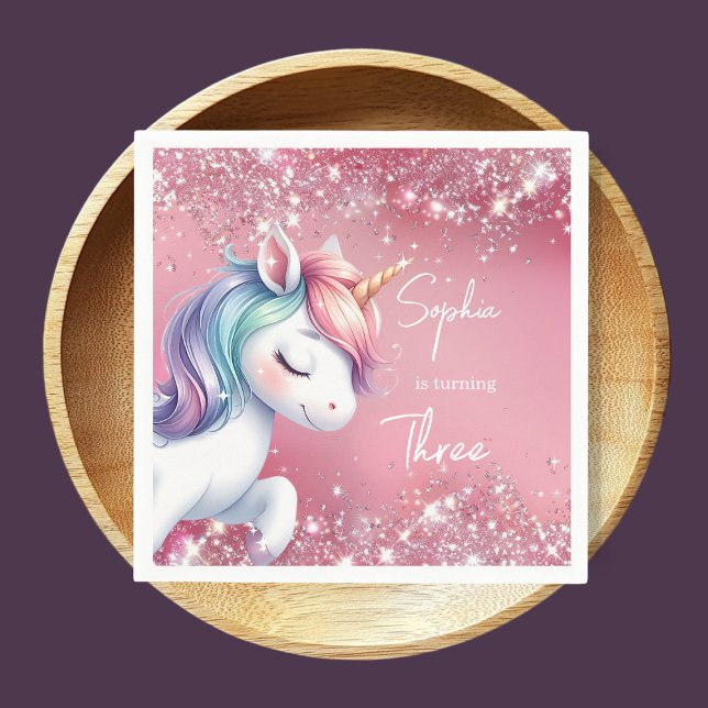 Pink Glitter Rainbow Unicorn Birthday Napkins (Creator Uploaded)