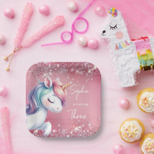 Pink Glitter Rainbow Unicorn Birthday Paper Plates