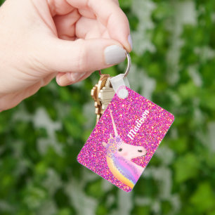 Pink Glitter Rainbow Unicorn Personalized Keychain
