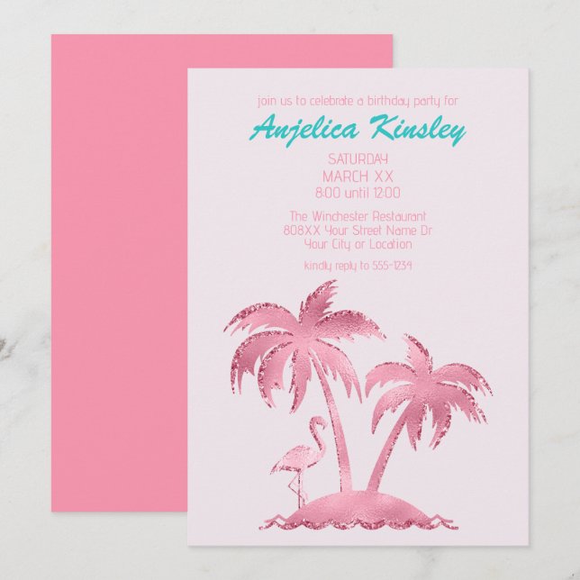 Pink Glitter Retro Flamingo and Palm Trees Invitation (Front/Back)