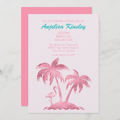 Pink Glitter Retro Flamingo and Palm Trees Invitation
