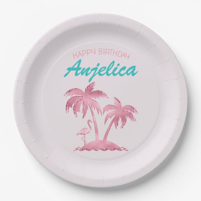 Pink Glitter Retro Flamingo and Palm Trees Paper Plates (Front)