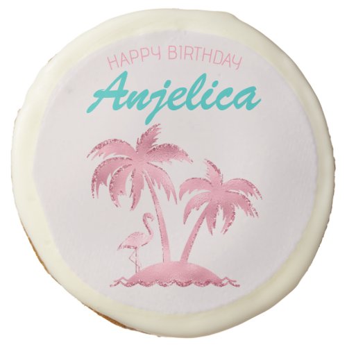 Pink Glitter Retro Flamingo and Palm Trees Sugar Cookie
