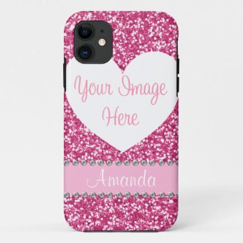 Pink Glitter Rhinestone Heart Photo Iphone Case by brookechanel at Zazzle
