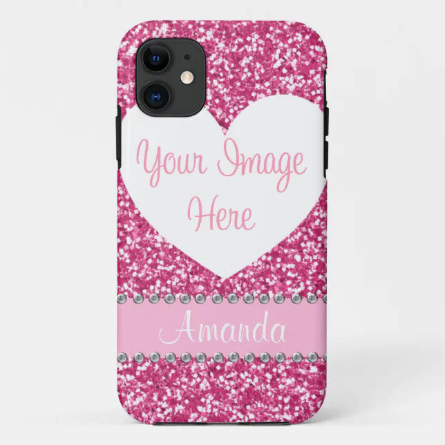 Pink Glitter Rhinestone Heart Photo Iphone Case Zazzle 1404