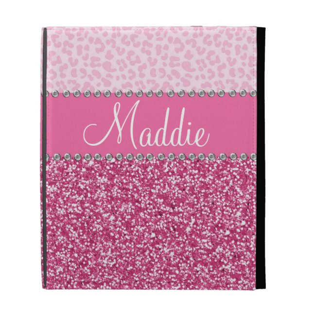 Pink Glitter Rhinestone Leopard BLING iPad Case (Front)