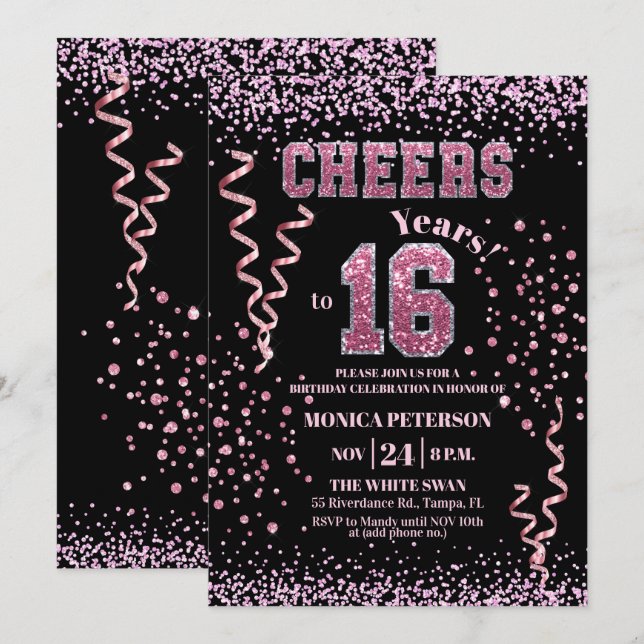 Pink Glitter Rhinestones 16th Birthday Party  Invitation (Front/Back)
