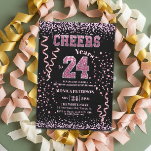 Pink Glitter Rhinestones 24th Birthday Party Invitation