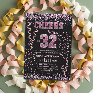 Pink Glitter Rhinestones 32nd Birthday Party Invitation