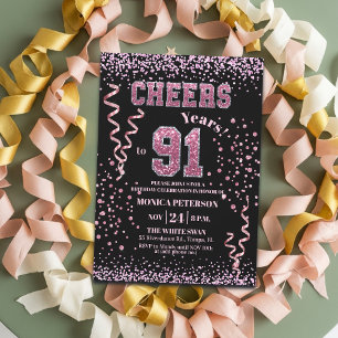 Pink Glitter Rhinestones 91st Birthday Party  Invitation