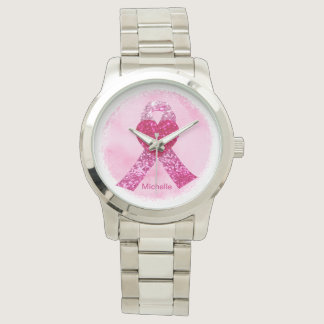 Pink Glitter Ribbon Breast Cancer Personalizd Watch