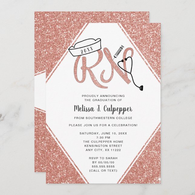 Pink Glitter RN graduation party or pinning invite (Front/Back)