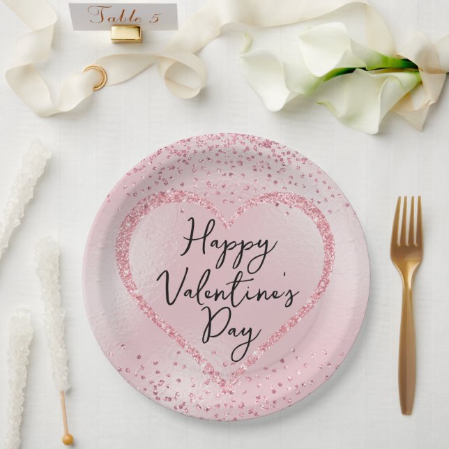 Pink Glitter Romantic Script Valentine's Day Paper Plates (Wedding)