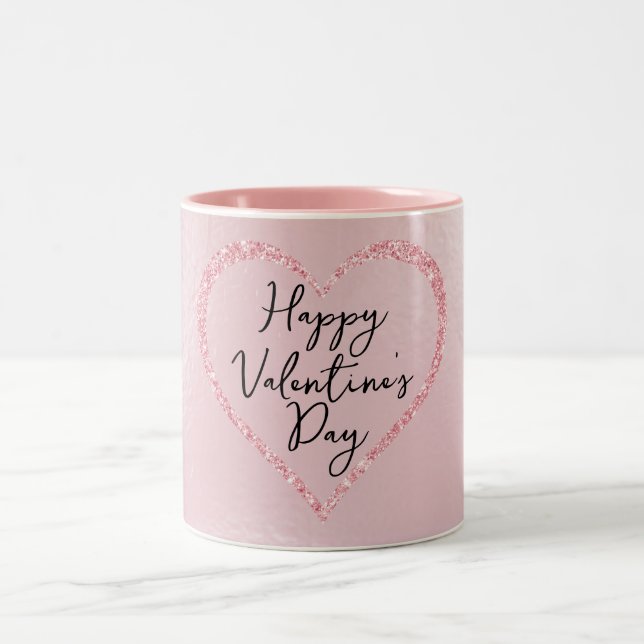 Pink Glitter Romantic Script Valentine's Day Two-Tone Coffee Mug (Center)