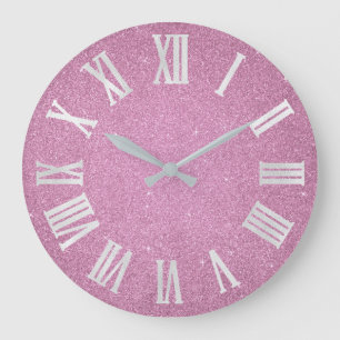 Pink Glitter Rose Girly Glitter Gray Roman Numbers Large Clock