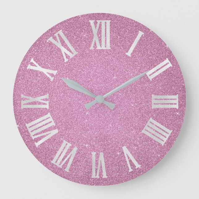 Pink Glitter Rose Girly Glitter Gray Roman Numbers Large Clock (Front)