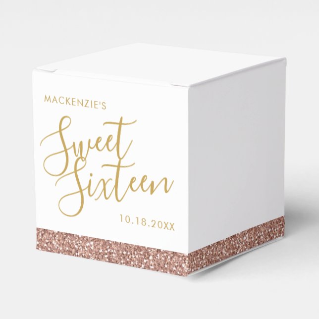 Pink Glitter Rose Gold Modern Sweet 16 Custom Favor Boxes (Front Side)