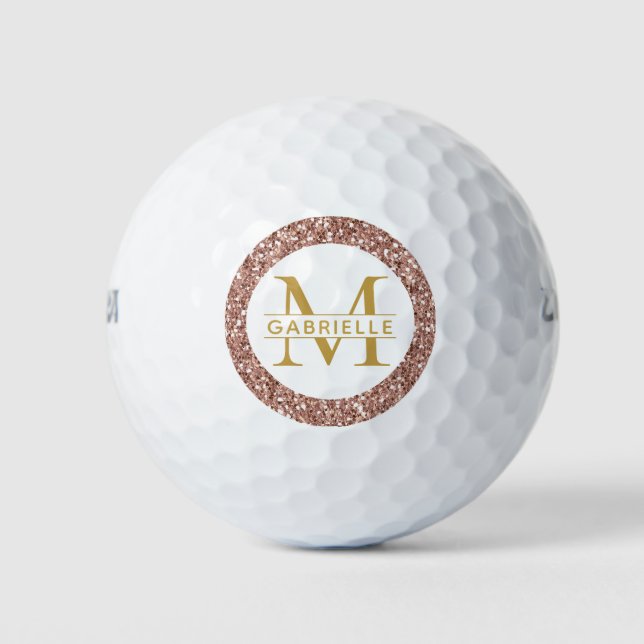 Pink Glitter Rose Gold Monogram and Name Golf Balls (Front)
