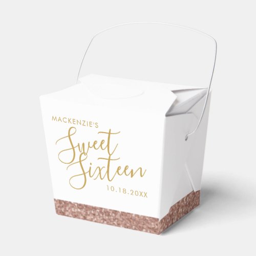 Pink Glitter Rose Gold Sweet 16 Name Mini Takeout Favor Boxes