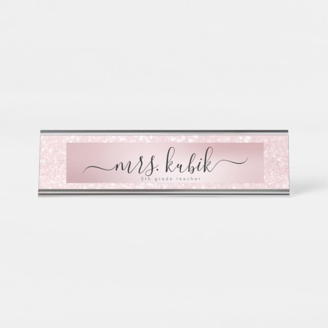 Pink Glitter Rose Gold Teacher Desk Name Plate (Front)
