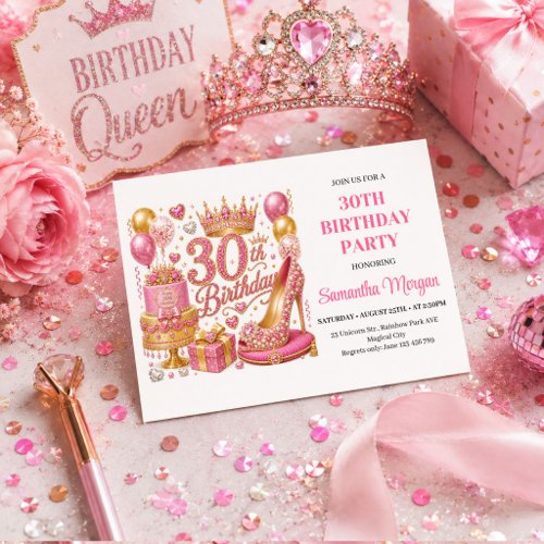 Pink Glitter Rose Gold Thirty And Fabulous Party I Invitation
