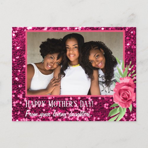 Pink glitter rose photo Mothers Day daughters Postcard