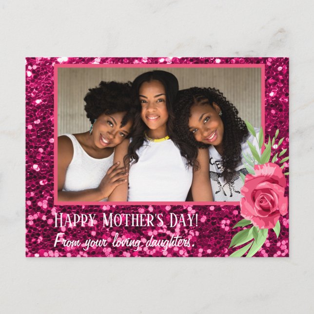 Pink glitter rose photo Mother's Day daughters Postcard (Front)