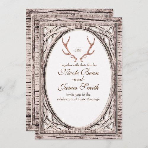 Pink Glitter Rustic Antlers White Wood Invitation