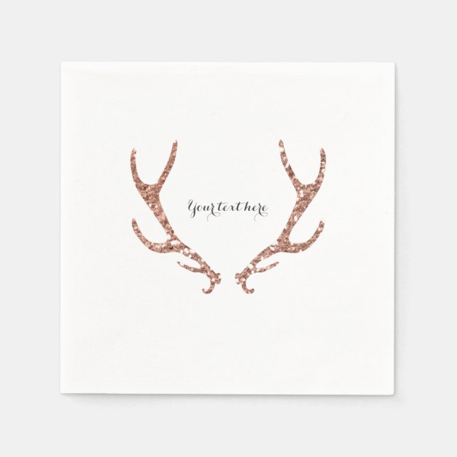 Pink Glitter Rustic Antlers Woodsy Glam Party Paper Napkins (Front)