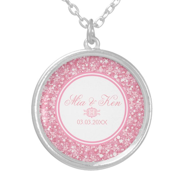 Pink Glitter - Save The Date Silver Plated Necklace (Front)