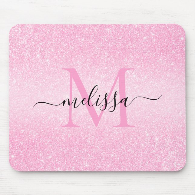 Pink Glitter Script Name Monogram Mouse Pad (Front)