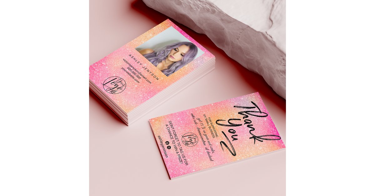 Pink glitter script photo logo order thank you business card | Zazzle