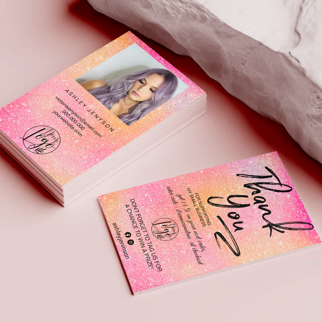 Pink glitter script photo logo order thank you business card | Zazzle