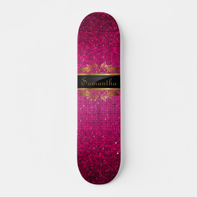 Pink Glitter Sequin Disco Glitz Mini Skateboard Deck (Front)